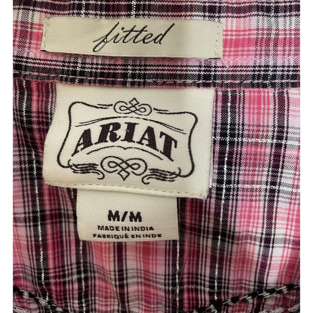 ARIAT Size M Pearl Snap Button Shirt Fitted Pink Plaid Embroidered Womens Silver - Picture 4 of 10